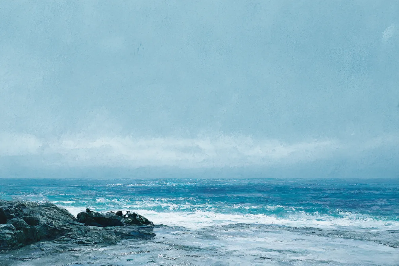 海の風景2｜岩場と荒れた海の背景が描かれた風景。ダイナミックな海の力強さが感じられ、しっとりとした海の美しさを感じます。