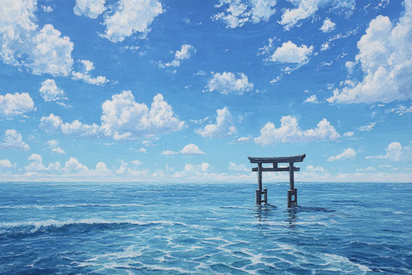 海の風景3｜青い海と雲の広がる背景が印象的なデザイン。透き通るような水面が美しく、静寂の中に力強さを感じさせます。
