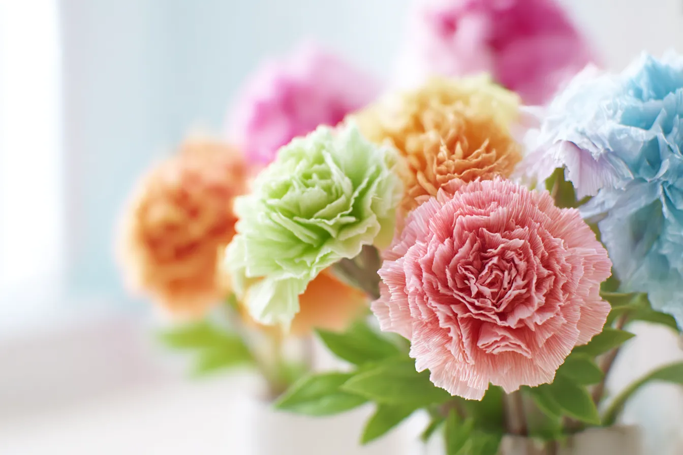 カラフルな花々のおしゃれ背景｜鮮やかな色の花々が美しく並んでおり、柔らかな光が花びらを照らす様子が非常に魅力的です。優雅で華やかな「おしゃれ背景」が、シンプルでありながら引き立つ印象を与えます。