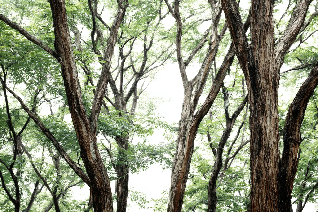 緑の葉の木々と明るい背景｜生命力あふれる緑の葉が青々とした木々に包まれ、明るい背景に溶け込んでいます。豊かな自然の中にリフレッシュできる雰囲気があります。