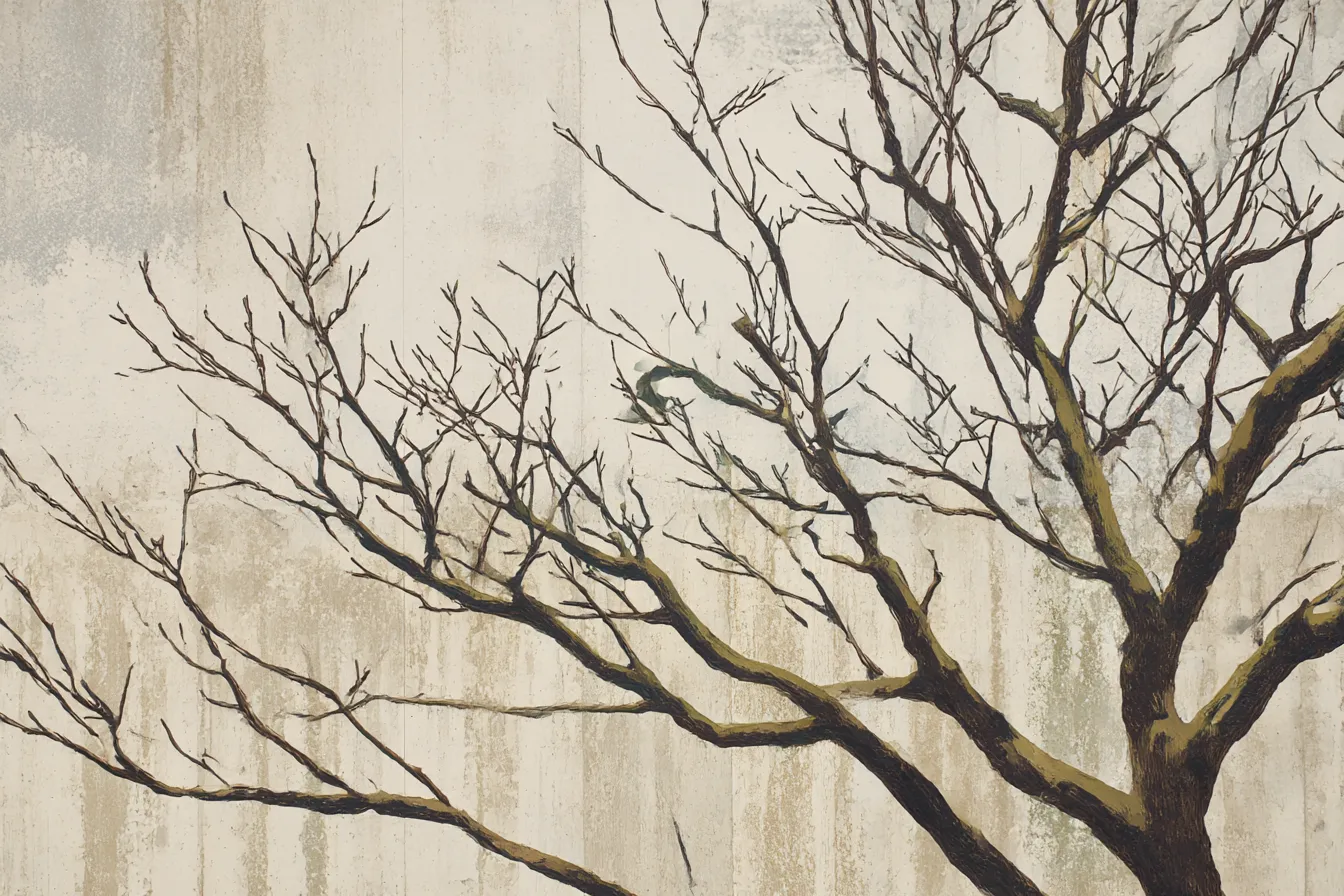 枯れ枝と木目背景｜枝が生き生きと動き、木目の背景と融合することで、植物の力強さと乾いた空気感が強調されています。抽象的な雰囲気が漂います。