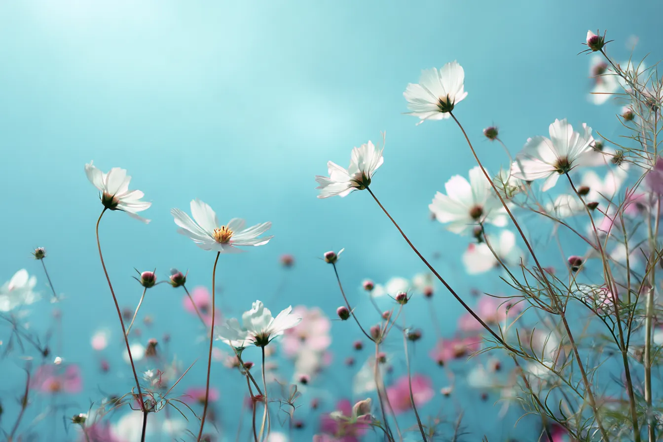 ピンクと白の花と鮮やかな背景｜色とりどりの花々が混じり合い、色鮮やかな背景と相まって華やかな印象を与える。花が生き生きと咲き誇り、その背景が全体的な柔らかさと調和を生んでいる。