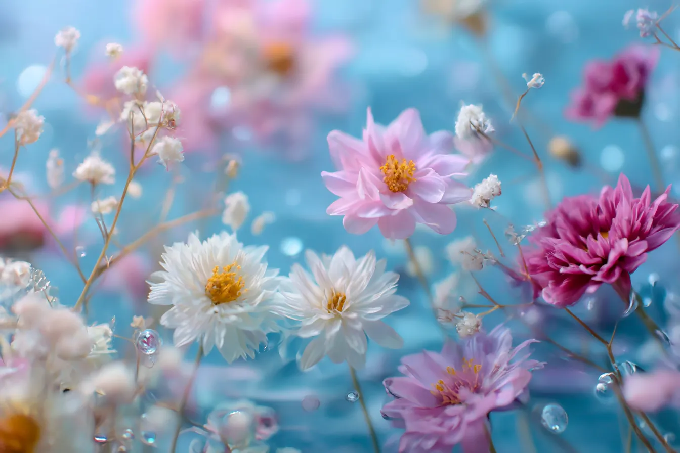 色とりどりの花と抽象的な背景｜柔らかな色合いで描かれた花々が幻想的な背景と融合し、夢のような雰囲気を作り出している。抽象的な背景が「花」の美しさを引き立て、視覚的な興奮を生んでいる。