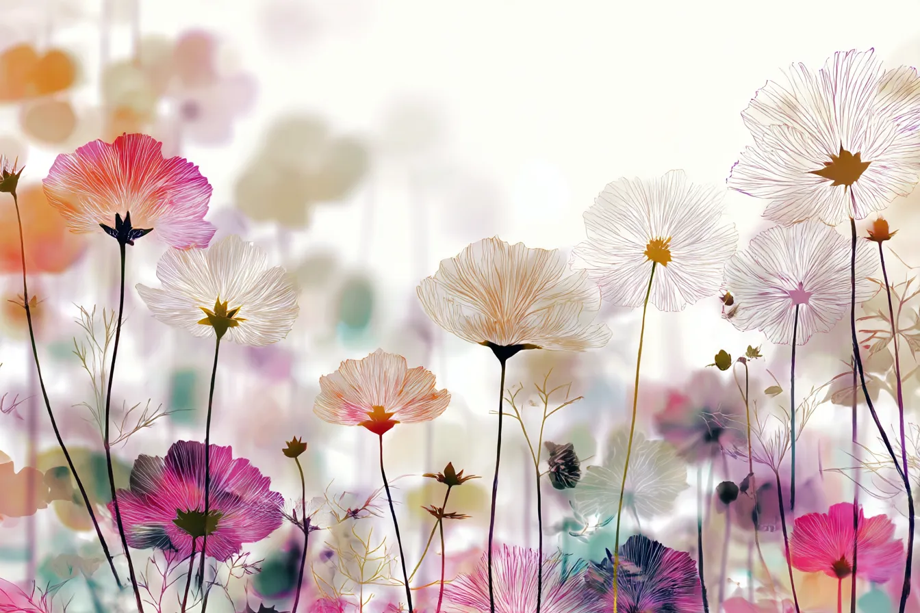 ピンクの花と青空の背景｜青空を背景にしたピンクの花が華やかで生き生きと咲いている。花の鮮やかな色と背景の対比が目を引き、リフレッシュできるような心地よい感覚を与えている。