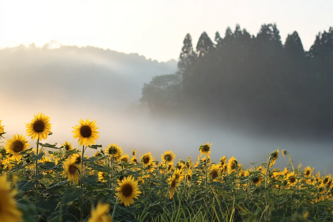 ひまわり畑と霧の背景｜ひまわりが美しく咲き誇る中に霧が漂い、神秘的な雰囲気を醸し出す背景が広がっている。ひまわりの鮮やかな色と、柔らかな霧が調和し、静けさと温かさを感じさせるシーン。