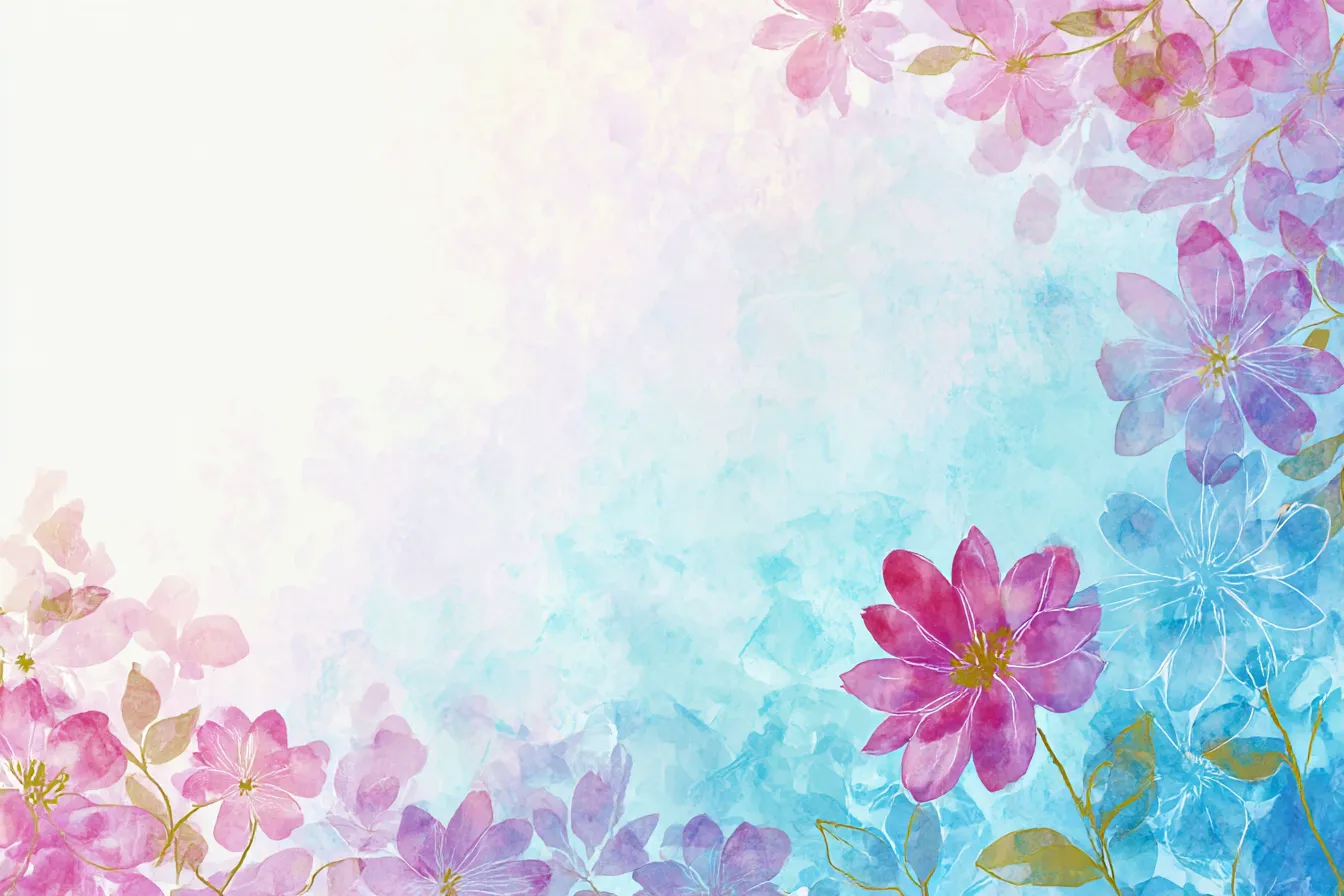 水彩風の花々のおしゃれ背景｜優しく色づいた水彩画風の花々が広がる美しい背景。花の色とグラデーションが柔らかく調和し、心を落ち着ける優雅な雰囲気を持つおしゃれ背景となっています。
