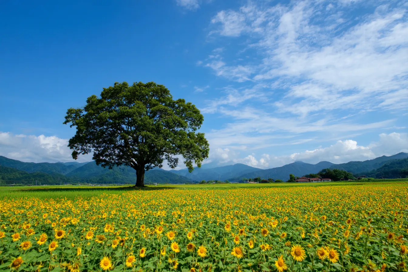 ひまわりと大きな木の背景｜青空が広がる中で、ひまわりが満開の畑と大きな木が美しく並ぶシーン。広がる景色と共に、ひまわりと木々の存在が自然と調和して、リラックスした雰囲気を作り出している。