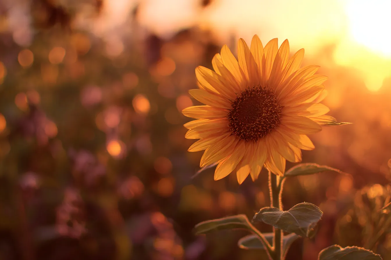 ひまわりの花と夕暮れの背景｜夕暮れ時の柔らかな光の中で、ひまわりが静かに揺れるシーン。背景の淡いオレンジ色の空がひまわりを包み込み、温かな雰囲気が広がる情緒的な風景が魅力的。