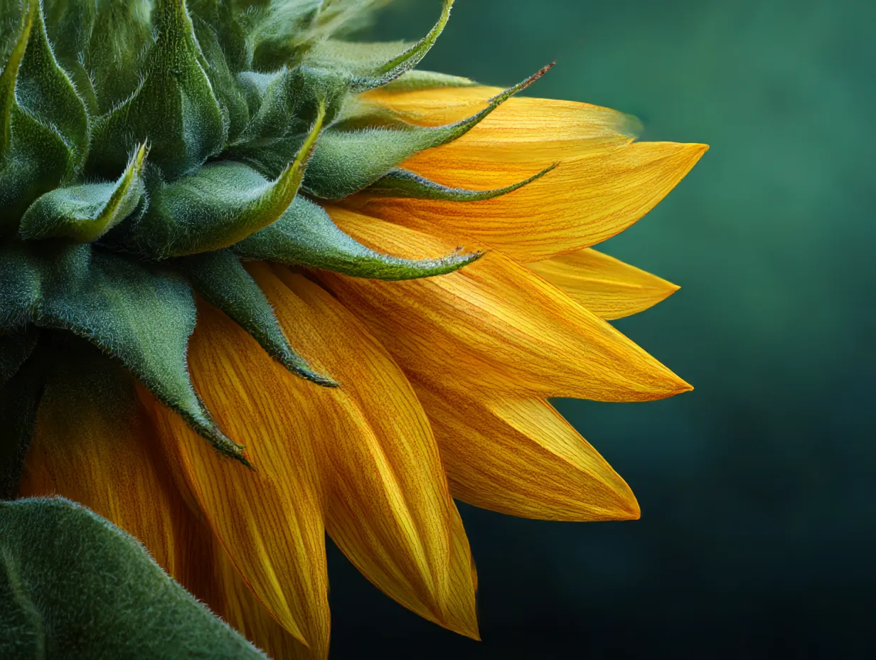 ひまわりの横顔と深い背景｜ひまわりの横顔が、深い緑色の背景と対照的に鮮やかに浮かび上がるシーン。背景がシンプルでありながら、ひまわりの美しさを一層際立たせ、落ち着いた雰囲気を感じさせる。