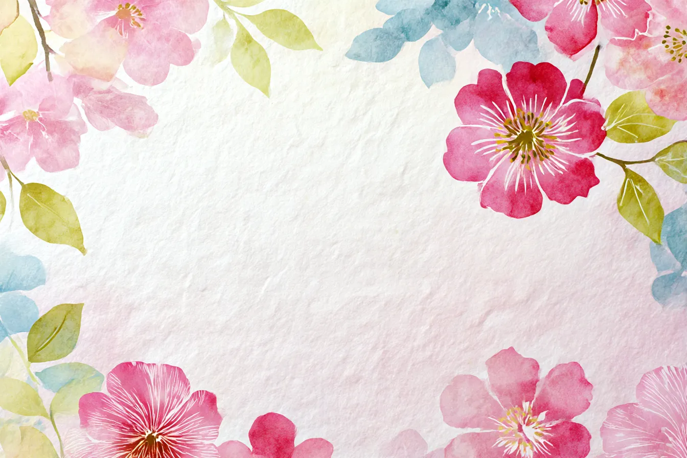 柔らかな色合いの花々のおしゃれ背景｜優しいピンクとブルーが混ざり合った柔らかな花々が背景に描かれています。穏やかな色調と花のディテールが、シンプルでありながらも洗練されたおしゃれ背景を作り出します。