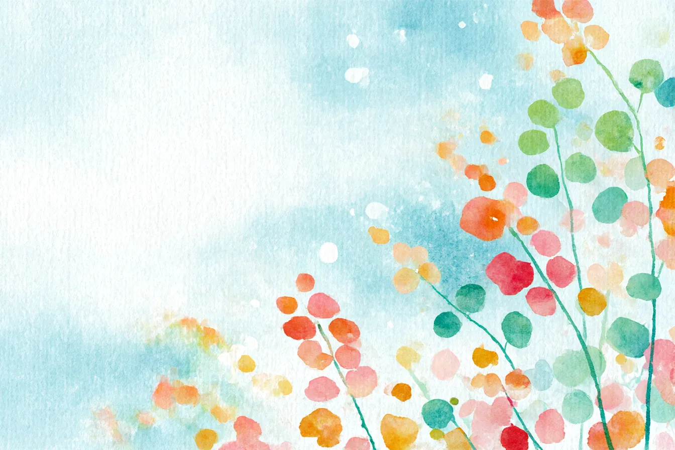 透明感のある花々のおしゃれ背景｜薄い水色の背景に、花々が淡く浮かぶように描かれています。色彩のバランスが美しく、シンプルで上品なおしゃれ背景を作り出しており、柔らかさと透明感が魅力的です。