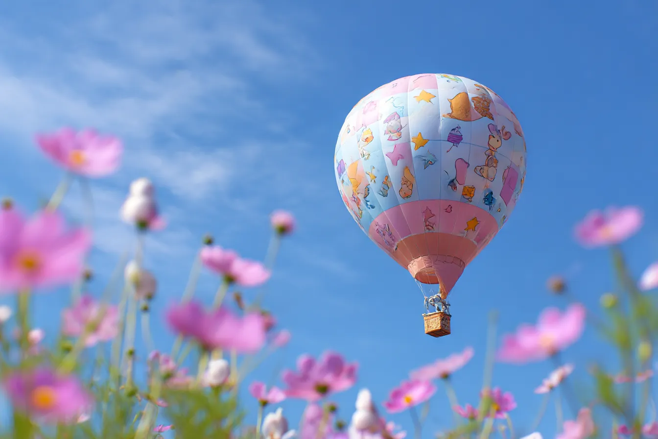 風船に乗った可愛いキャラクターたちとかわいい背景｜色鮮やかな風船に描かれたキャラクターたちが空高く浮かんでおり、下には美しい花々が咲き乱れています。風景全体が夢のような「かわいい背景」を作り出しており、見ているだけで心が和みます。