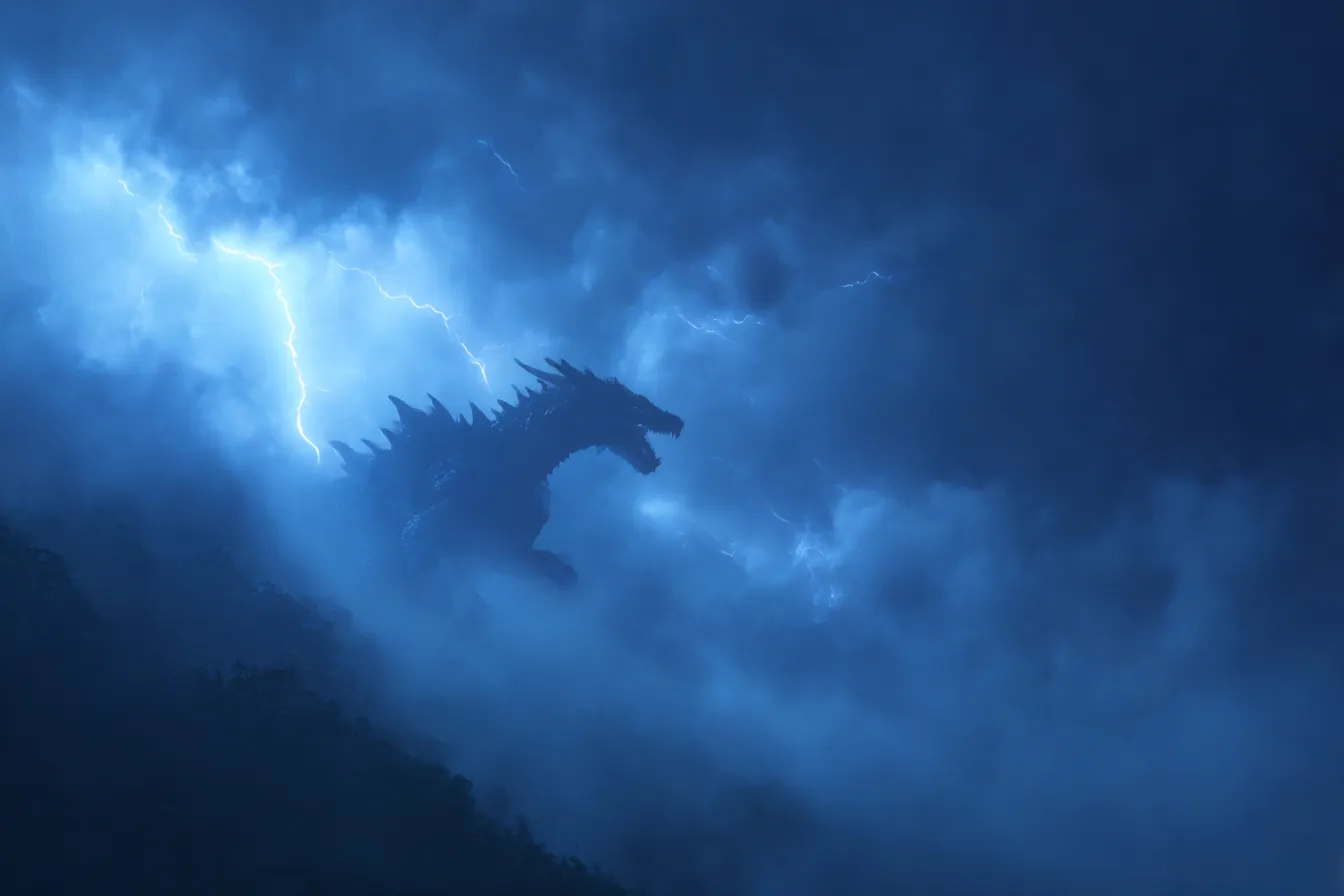 ゴジラと壮大な背景｜ゴジラが雷鳴と共に暗雲の中に立つ壮大なシーン。荒々しい力強さが感じられる一方で、かっこいい背景によって圧倒的な迫力が伝わる、映画のワンシーンを彷彿とさせる構図です。