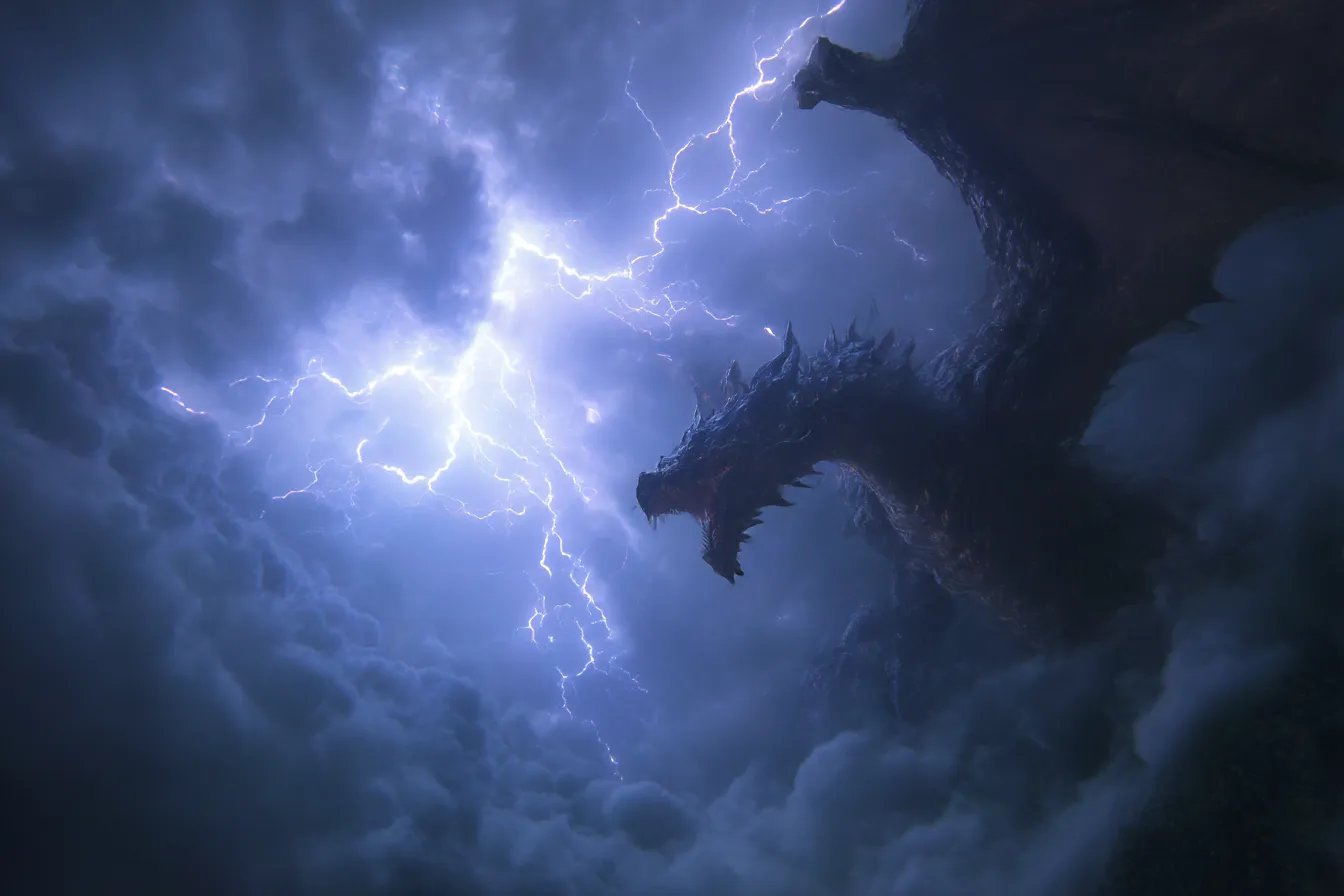 ドラゴンと雷鳴の背景｜雷が轟く暗闇の中に登場するドラゴン。強烈な光と荒々しい雲の動きが、かっこいい背景を作り出し、神秘的で圧倒的な存在感を放つドラゴンの力強さを引き立てています。