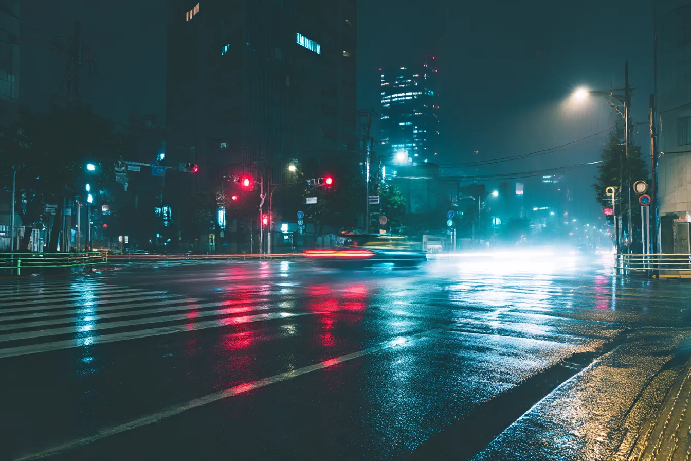 東京の雨と街の風景｜夜の街並みが雨で濡れ、照明が反射して幻想的な雰囲気に。信号の赤と青の光が交錯し、まるでサイバーパンクの世界を思わせる、かっこいい背景が都会の美しさを強調しています。