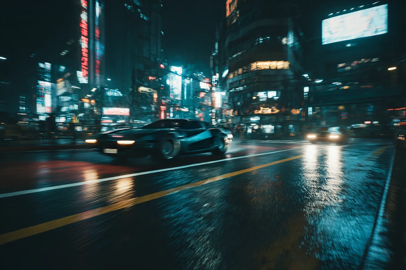 未来都市を疾走する車｜夜の街を走るスポーツカー。街のネオンと雨の反射が交じり合い、車のスピード感と未来的な雰囲気が感じられる、かっこいい背景によってシーンに迫力を与えています。