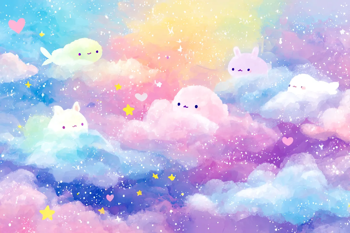 星降る空と雲の中の可愛いキャラクターたちとかわいい背景｜幻想的な空の中で、ふわふわと浮かぶキャラクターたちが星と一緒に描かれており、柔らかな色使いと星空が一体となって「かわいい背景」を形作っています。まるで夢の世界にいるような感覚を与えてくれます。