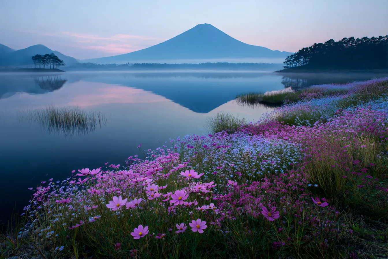 富士山と湖の綺麗背景｜富士山を背景にした湖の風景。静かな湖面に映る花々と山の姿が、時間がゆっくり流れるような落ち着いた空間を作り、綺麗背景がその美しさを一層引き立てています。