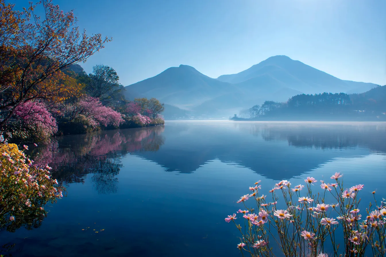青空と花と湖の綺麗背景｜透き通るような青空の下、湖面に映る花々と山々。空気が澄んでいて、自然の美しさが満ち溢れる風景に、綺麗背景がその心地よさを強調しています。