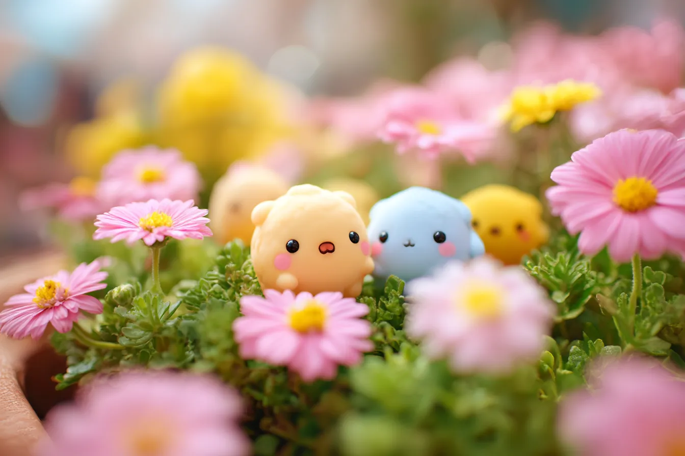 花々と可愛らしいキャラクターたちとかわいい背景｜カラフルな花々が咲き乱れ、その中に小さなキャラクターたちが並んでいます。花々とキャラクターが織り成す、華やかで明るい「かわいい背景」に囲まれ、癒されるような気持ちになります。