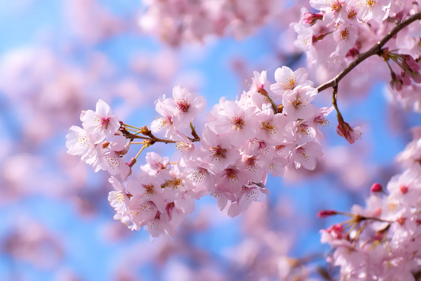 桜の花と綺麗背景｜春の訪れを感じさせる桜の花が、鮮やかなピンク色で咲き誇る。青い空とのコントラストが美しく、花びらが風に舞う様子が、綺麗背景で一層華やかに描かれています。