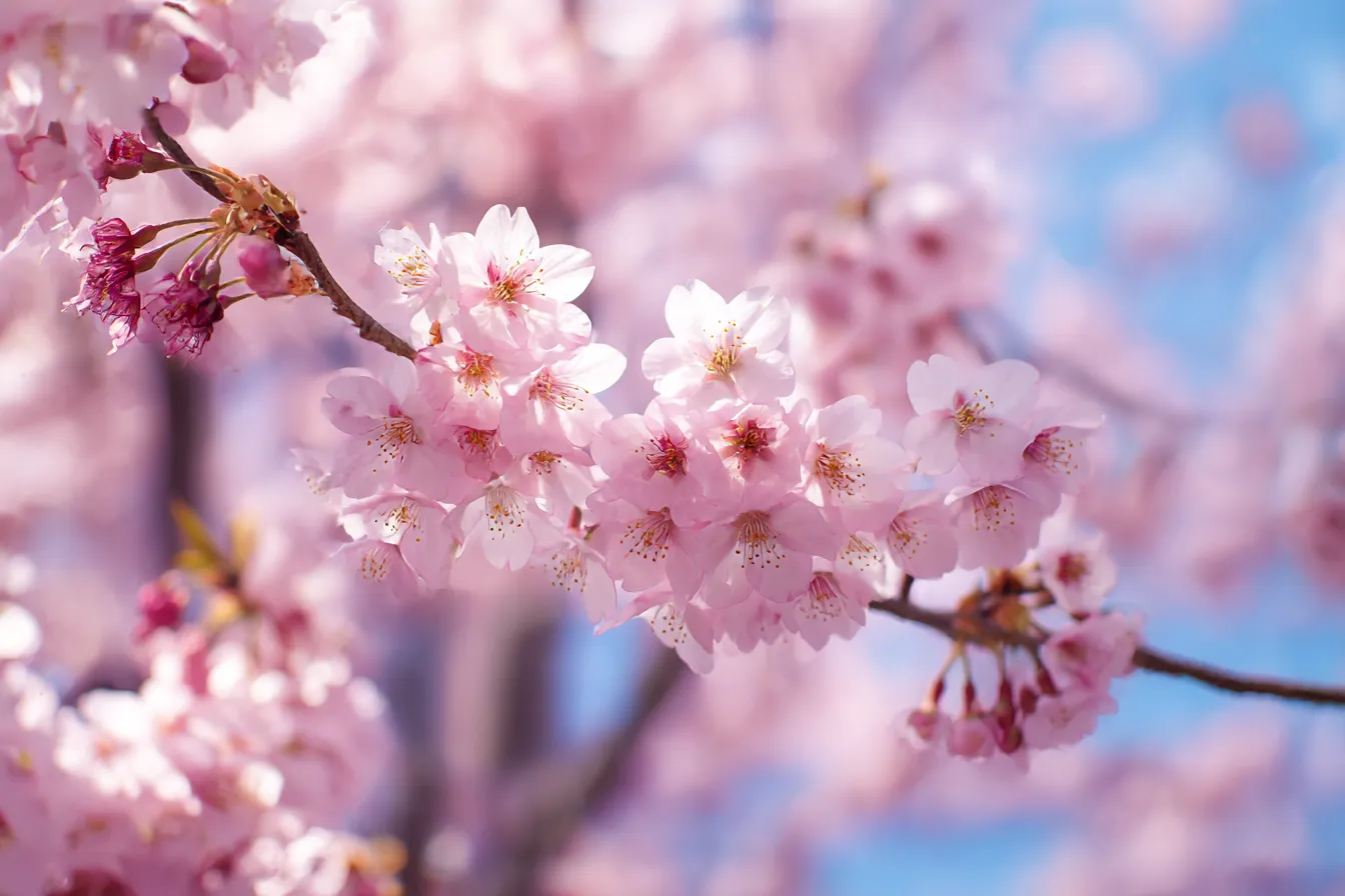 桜の花が咲く風景｜春の桜の花が満開に咲く美しいシーンです。柔らかいピンク色が広がる空間は、見る人に優しさと穏やかな雰囲気を届けます。背景として、春の到来を象徴するような、清々しい「きれい背景」が感じられます。