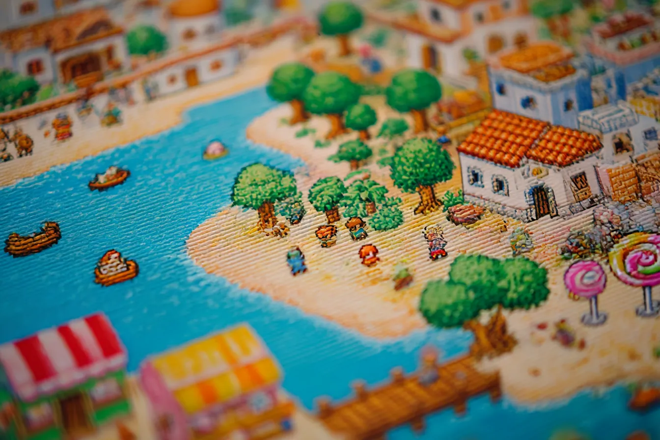 面白い背景で賑やかな海岸風景｜ファンタジー風の街並みと青い海が広がるビビッドなタッチのイラスト。遊園地のような色使いが目を引き、人物や乗り物が細かく描かれている。背景には可愛らしい風景が広がり、全体的に「面白い背景」の雰囲気が漂う。