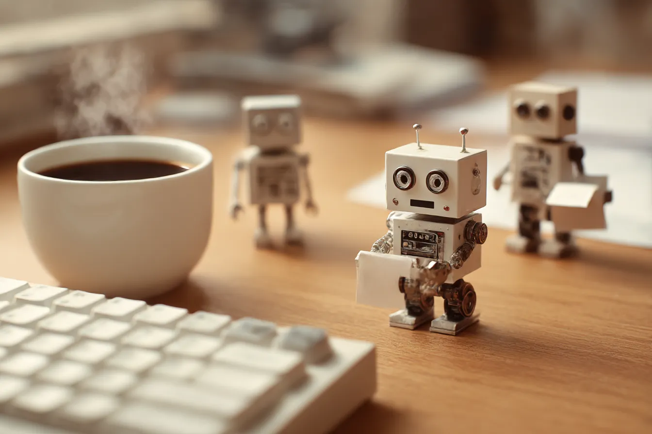 面白い背景でオフィスのロボットたち｜温かい木製デスクでコーヒーを飲みながら手紙を届ける小さなロボットたち。ビンテージ風のロボットデザインが特徴的で、背景には落ち着いた雰囲気が感じられる。ロボットたちが働く環境に「面白い背景」が表現されている。