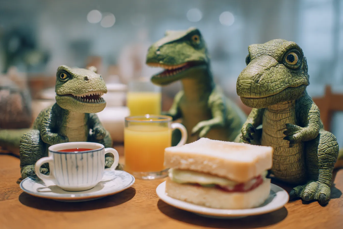 面白い背景で恐竜の朝食シーン｜恐竜のぬいぐるみが朝食を楽しんでいるユニークなシーン。色鮮やかな飲み物やサンドイッチが描かれており、全体に温かみのある色合いが使われている。「面白い背景」には、想像力を掻き立てるような非現実的な雰囲気が漂う。