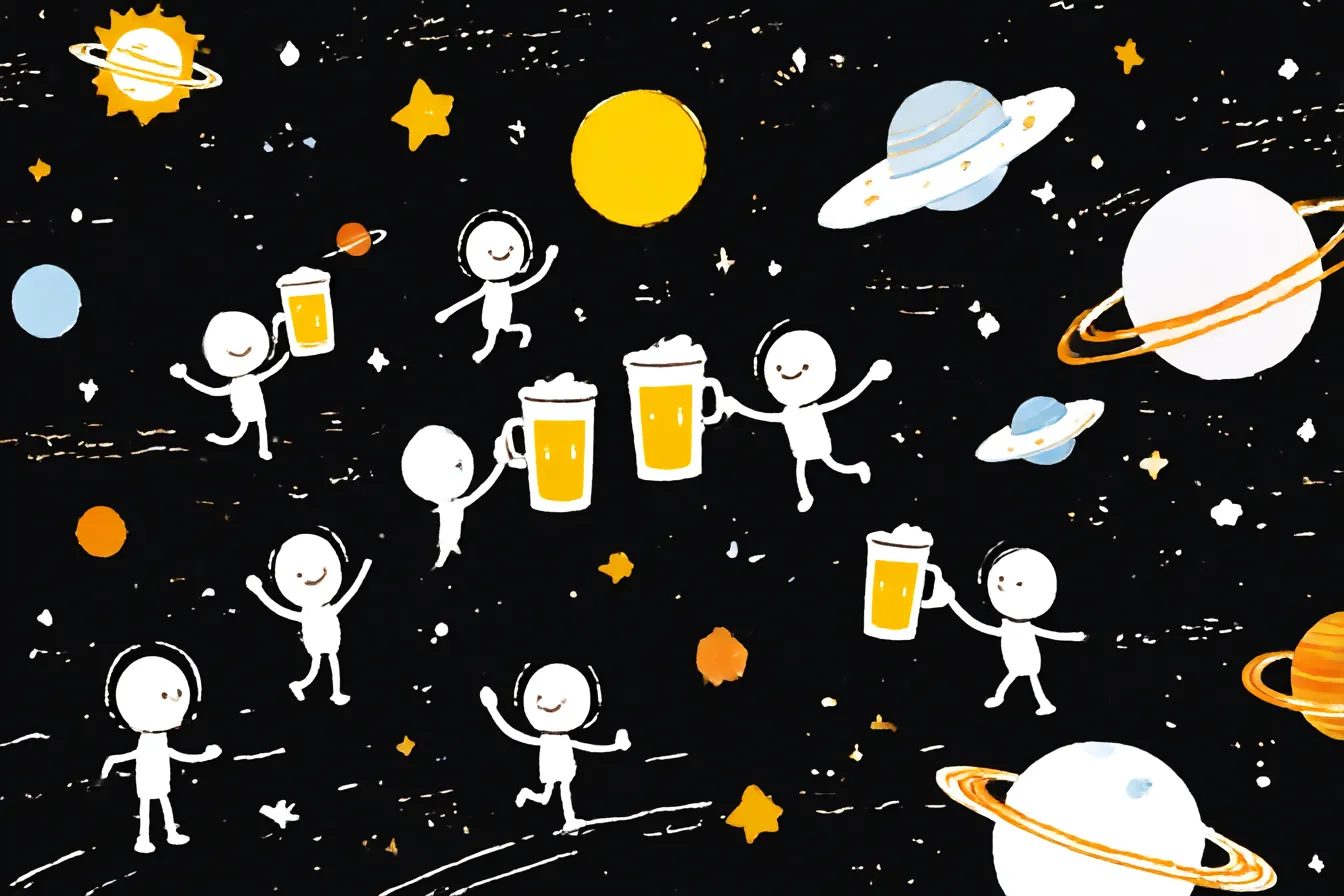 面白い背景で宇宙のパーティー｜宇宙空間で楽しそうにビールを持って踊る小さなキャラクターたち。色鮮やかな惑星と星々が背景に広がり、賑やかな雰囲気が伝わる。自由で楽しげなエネルギーを感じさせる「面白い背景」が宇宙の冒険をより魅力的にしている。