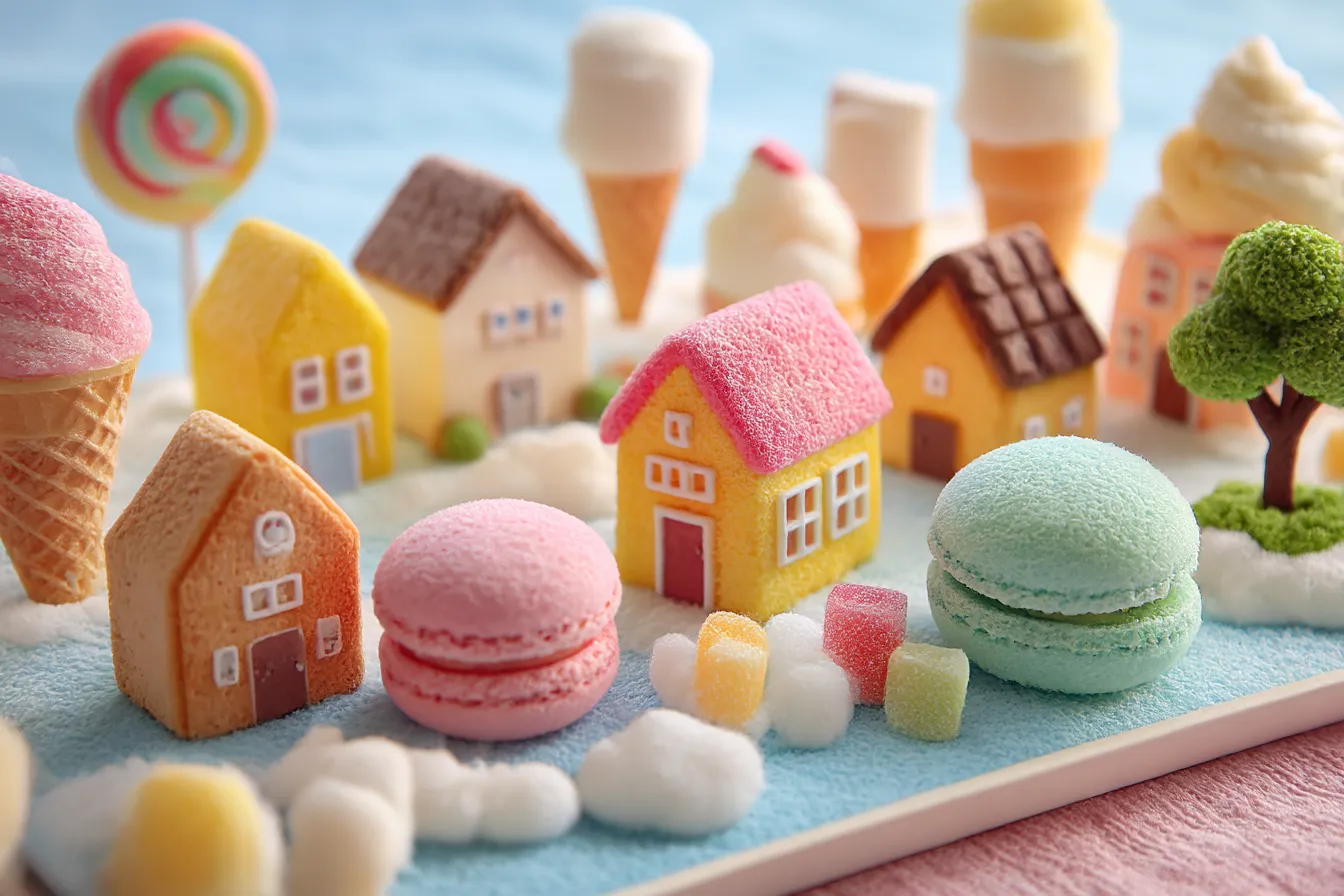 面白い背景でお菓子の街｜カラフルなマカロンとアイスクリームが並ぶ、甘いお菓子の世界。小さな家々が並ぶ町並みは、すべてが食べ物でできているような幻想的な風景。「面白い背景」で作られたお菓子の街並みが、夢の世界へと誘う。