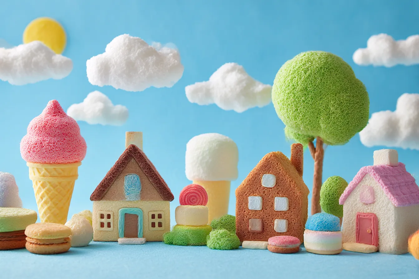 面白い背景でお菓子の風景｜青空とともに広がるお菓子の町。アイスクリームやカラフルな建物、マカロンが並び、可愛らしい雰囲気が溢れている。ふわっとした雲と明るい色使いが特徴的で、全体の「面白い背景」から心温まる雰囲気が伝わってくる。
