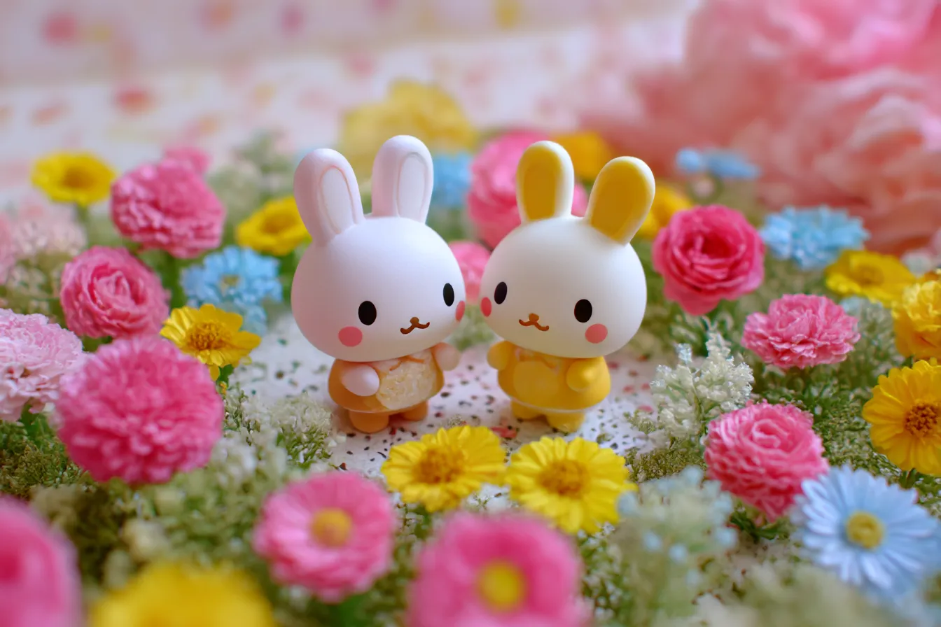 花畑と笑顔のキャラクターたちとかわいい背景｜明るい色調で描かれた花畑に、可愛いキャラクターたちが笑顔で並んでいます。色とりどりの花々と、微笑むキャラクターが調和し、見る者を優しい気持ちにさせる「かわいい背景」を作り出しています。