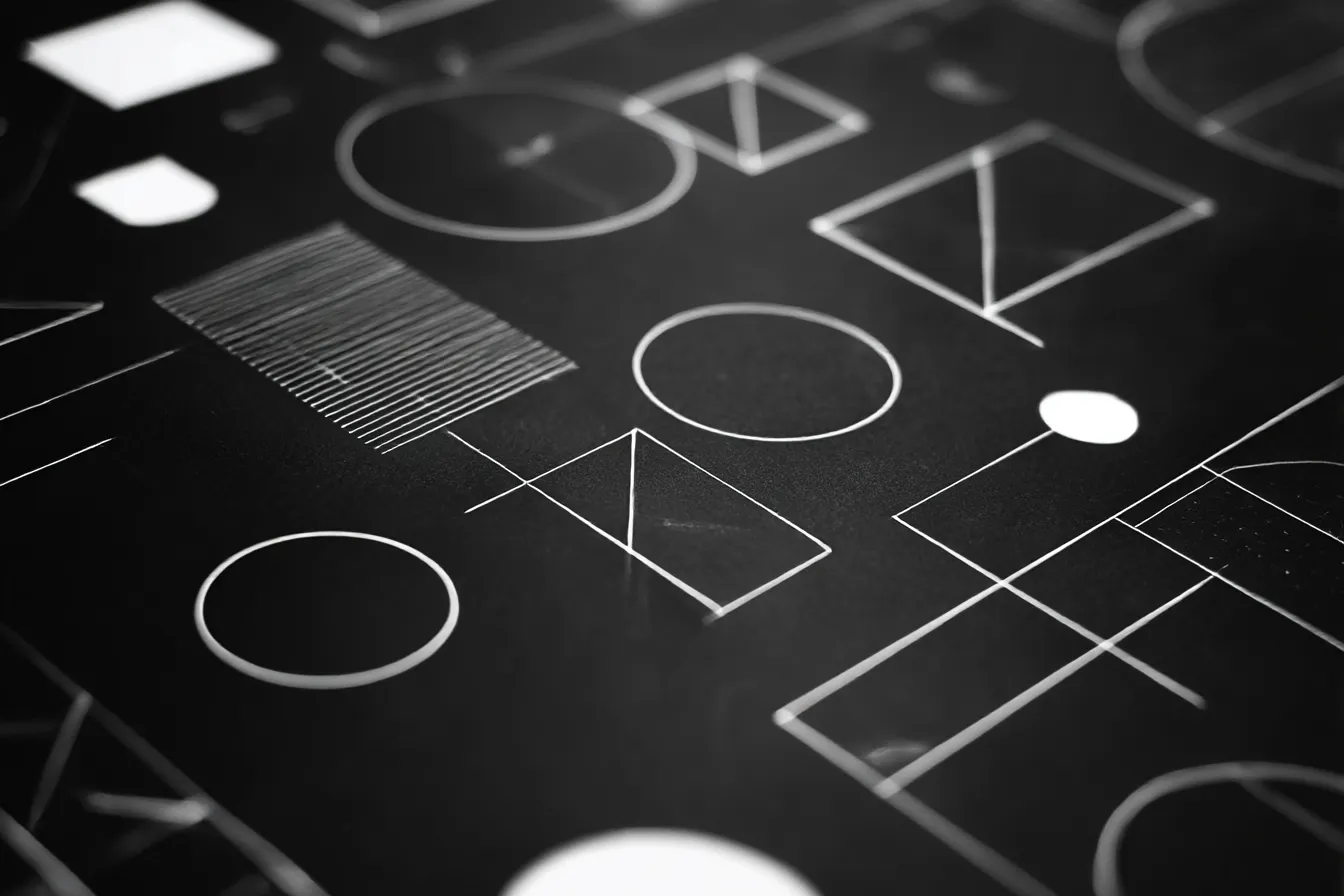 シンプル背景で幾何学的な白黒模様｜幾何学的な線と図形が描かれたシンプルでモダンなデザイン。黒と白のコントラストが強調され、スタイリッシュな印象を与える。「シンプル背景」を利用したことで、シンプルさとエレガンスが際立つ。