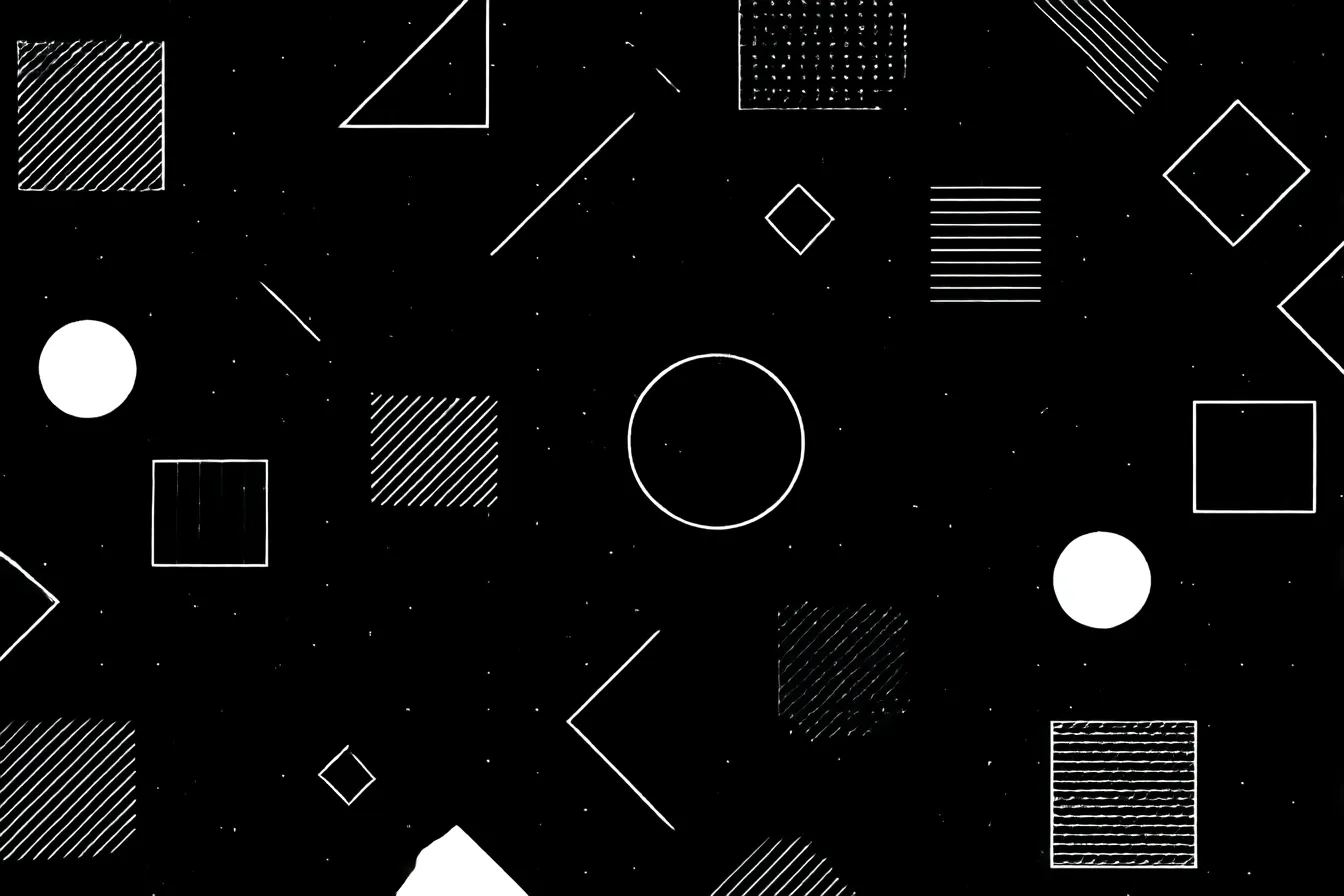 シンプル背景で抽象的な線画と図形｜線と図形がランダムに配置されたシンプルでクリーンな背景。シンプルなデザインながら、視覚的なインパクトを与え、洗練された印象を作り出す。全体的に「シンプル背景」によって視覚的なバランスが保たれている。