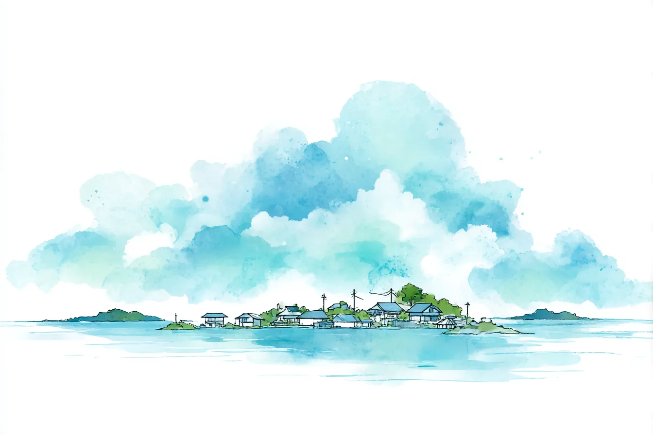 イラスト背景で水彩風の島の風景｜水彩画のタッチで描かれた美しい島の風景。淡い青空と海に浮かぶ島々が、穏やかな雰囲気を漂わせている。空と海が優しく溶け合う「イラスト背景」が、自然の美しさを際立たせている。