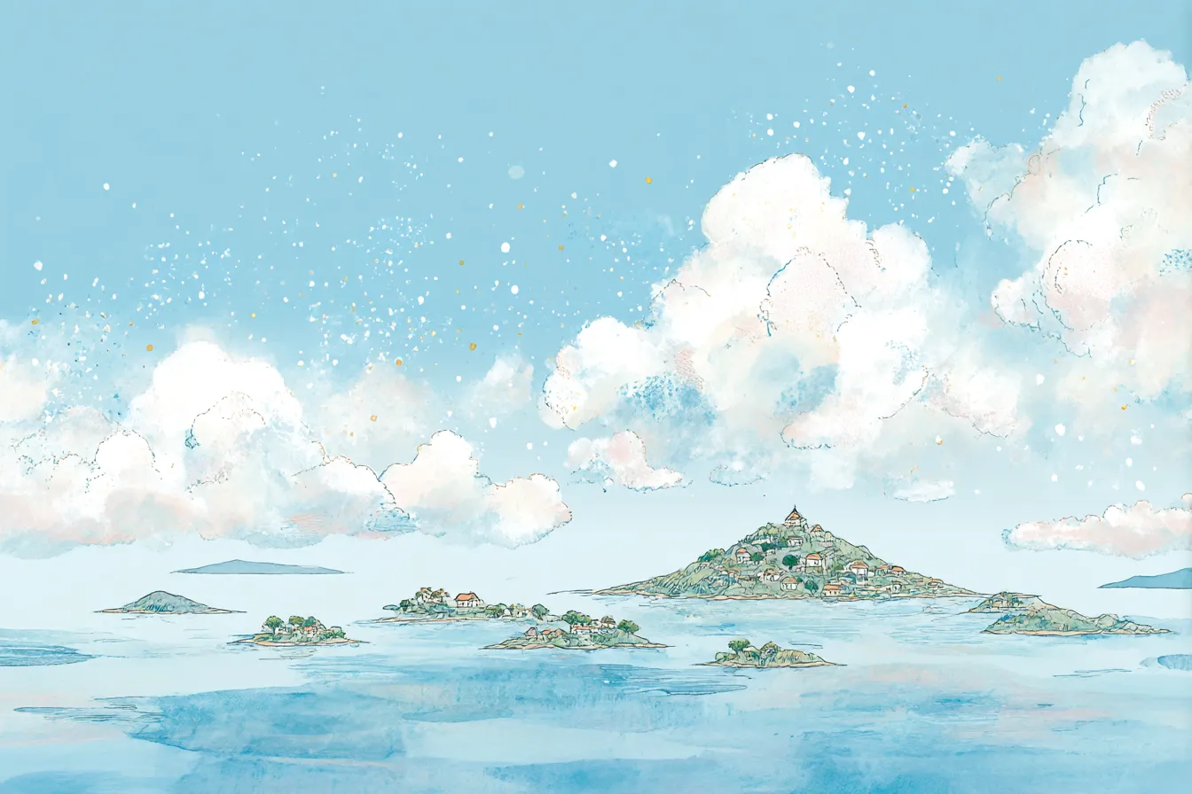 イラスト背景で青空と島々の風景｜青い空と雲が広がる中、島々とその上に小さな町が描かれたシーン。穏やかな空気が流れる中で、「イラスト背景」が風景に広がりと奥行きを与えて、心地よい印象を与える。