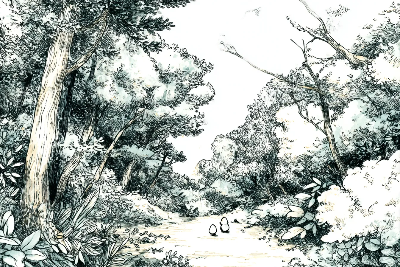 イラスト背景で森の中の小道｜線画で描かれた森の風景に、木々と緑の葉がリアルに表現されている。静かな小道が続き、自然の豊かさを感じさせる。「イラスト背景」は深い陰影を作り出し、幻想的な雰囲気を演出している。