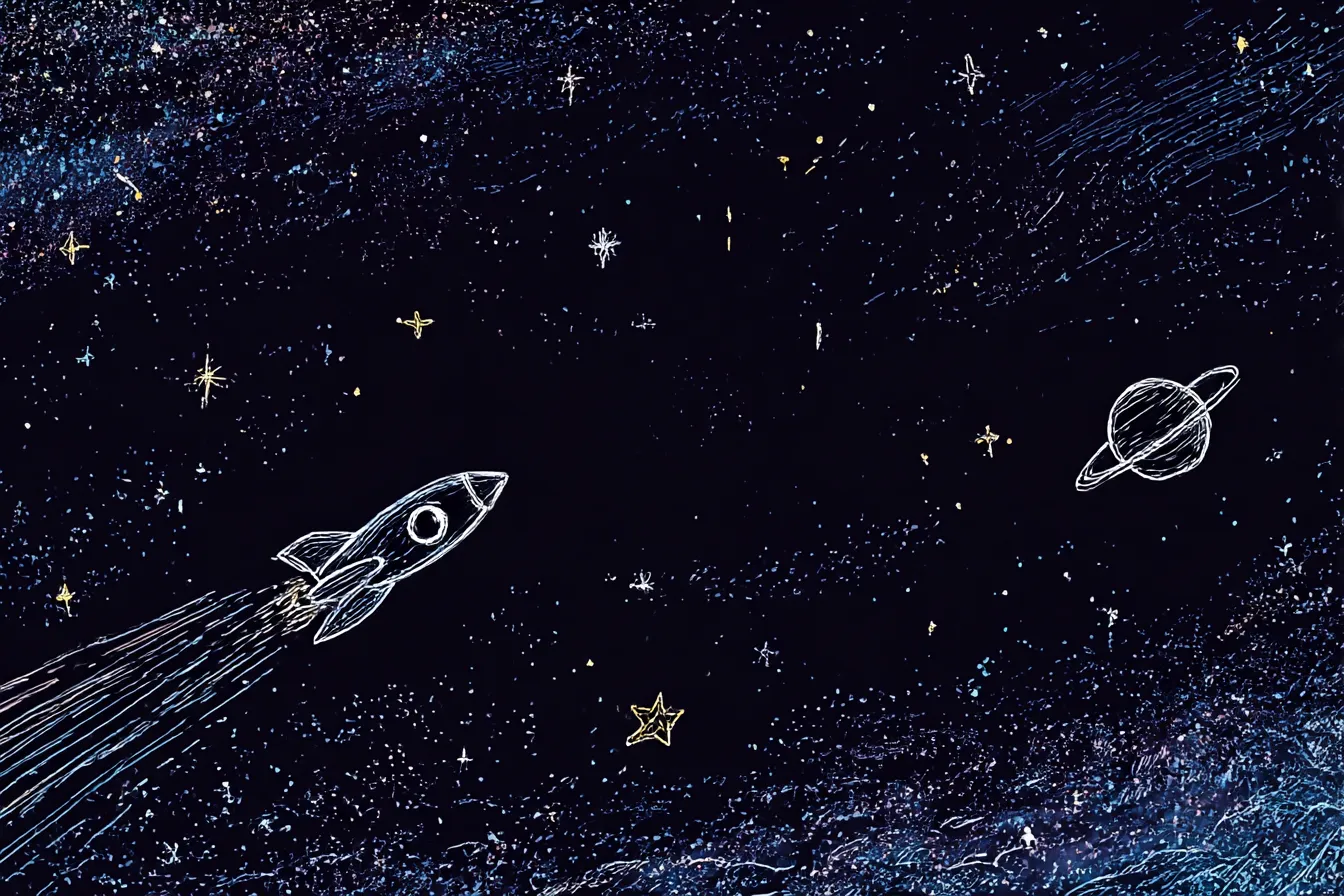 イラスト背景で宇宙を飛ぶロケット｜宇宙を舞台にしたシンプルな線画で描かれたロケットが、星々とともに飛んでいるシーン。深い宇宙の闇に輝く星々が背景を彩り、未来的な冒険を感じさせる。「イラスト背景」によって宇宙の広大さと夢が表現されている。