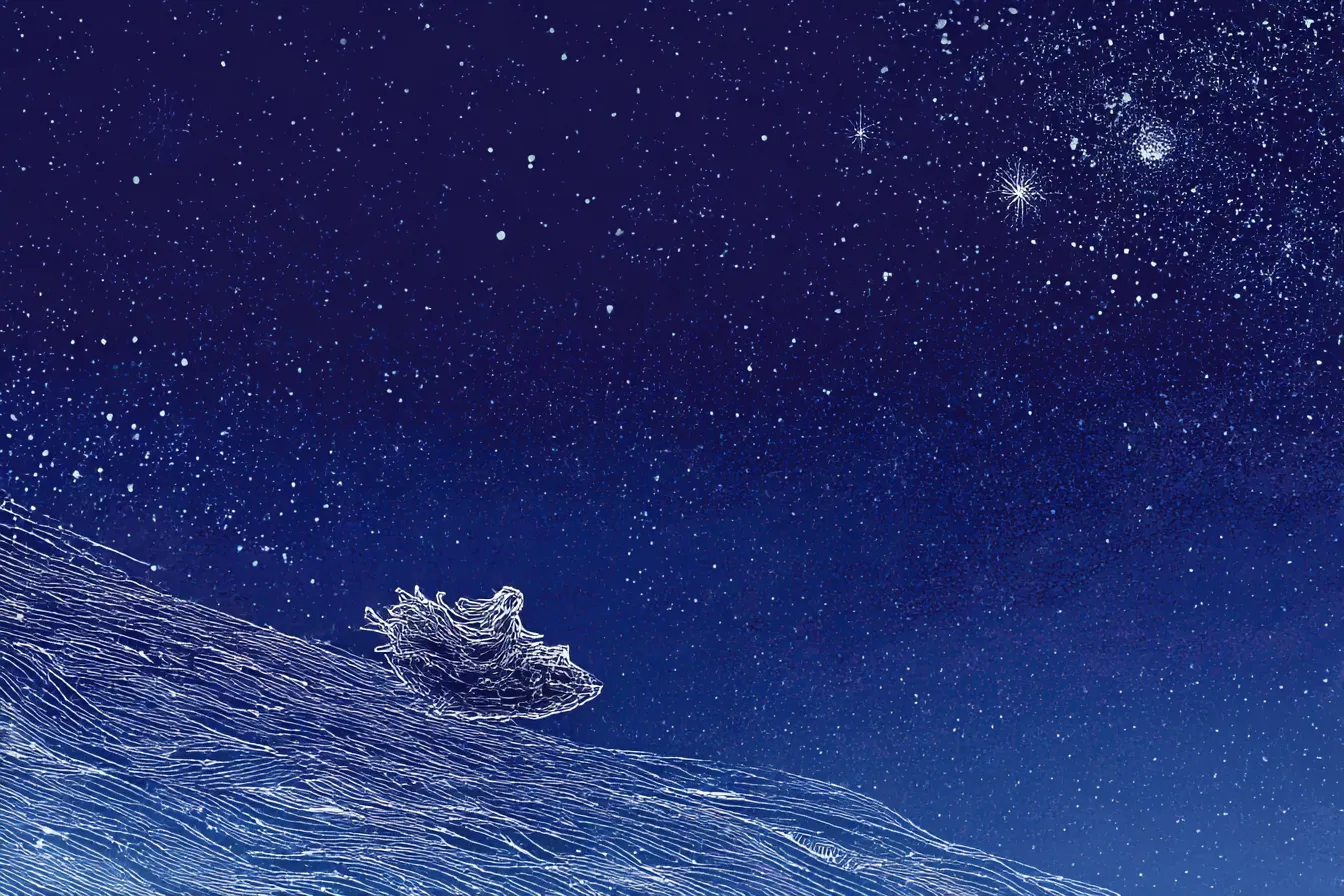 イラスト背景で星空と丘の風景｜夜空に広がる星々が、静かな丘の上に広がる景色を照らすシンプルな線画。静かな夜の雰囲気が伝わり、「イラスト背景」は幻想的な空間を作り出している。星の輝きが一層神秘的な印象を与える。