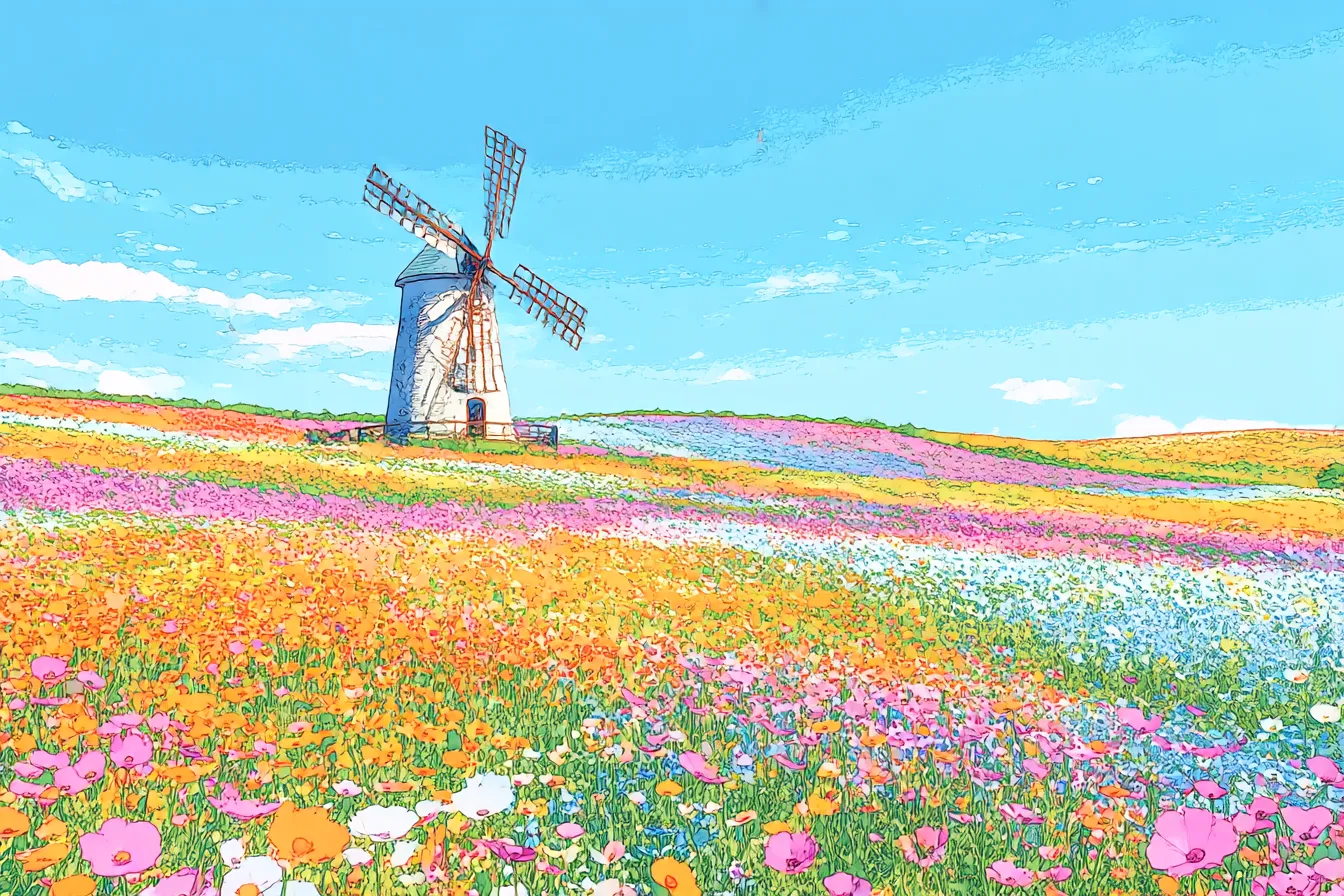 イラスト背景で風車と花畑｜鮮やかな花畑と風車が描かれたカラフルなイラスト。色とりどりの花が広がり、風車がその上に立つ明るい風景。「イラスト背景」には幸せな気持ちを呼び起こす色彩が溢れ、心温まる雰囲気を作り出している。