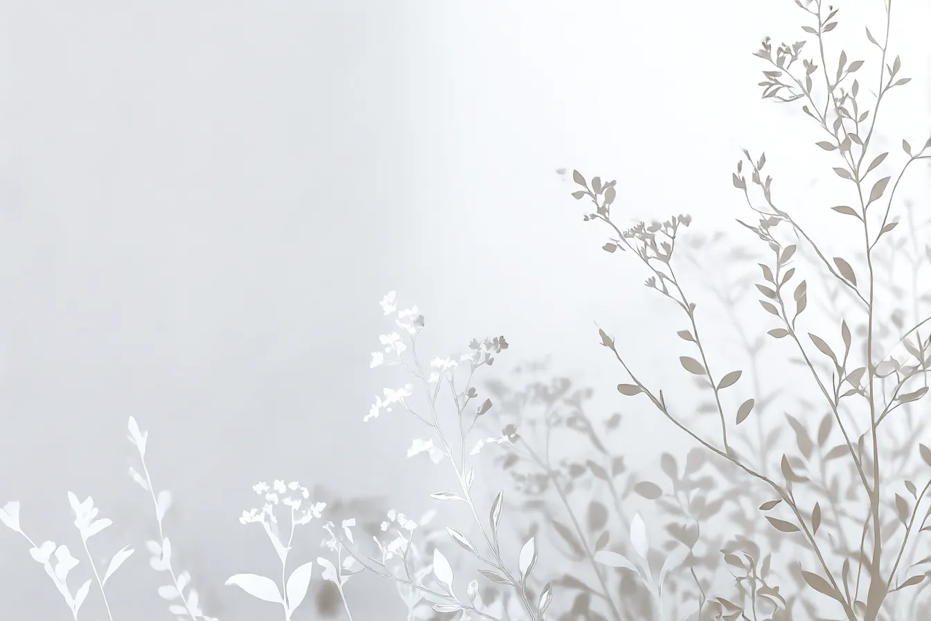 白い葉と花の背景1｜白い花と葉が静かな雰囲気を醸し出す、柔らかなデザイン。透明感があり、背景としてシンプルで落ち着いた空間を作り上げています。白色を基調とした「背景」に、繊細な植物が浮かび上がることで、優雅さを感じさせます。