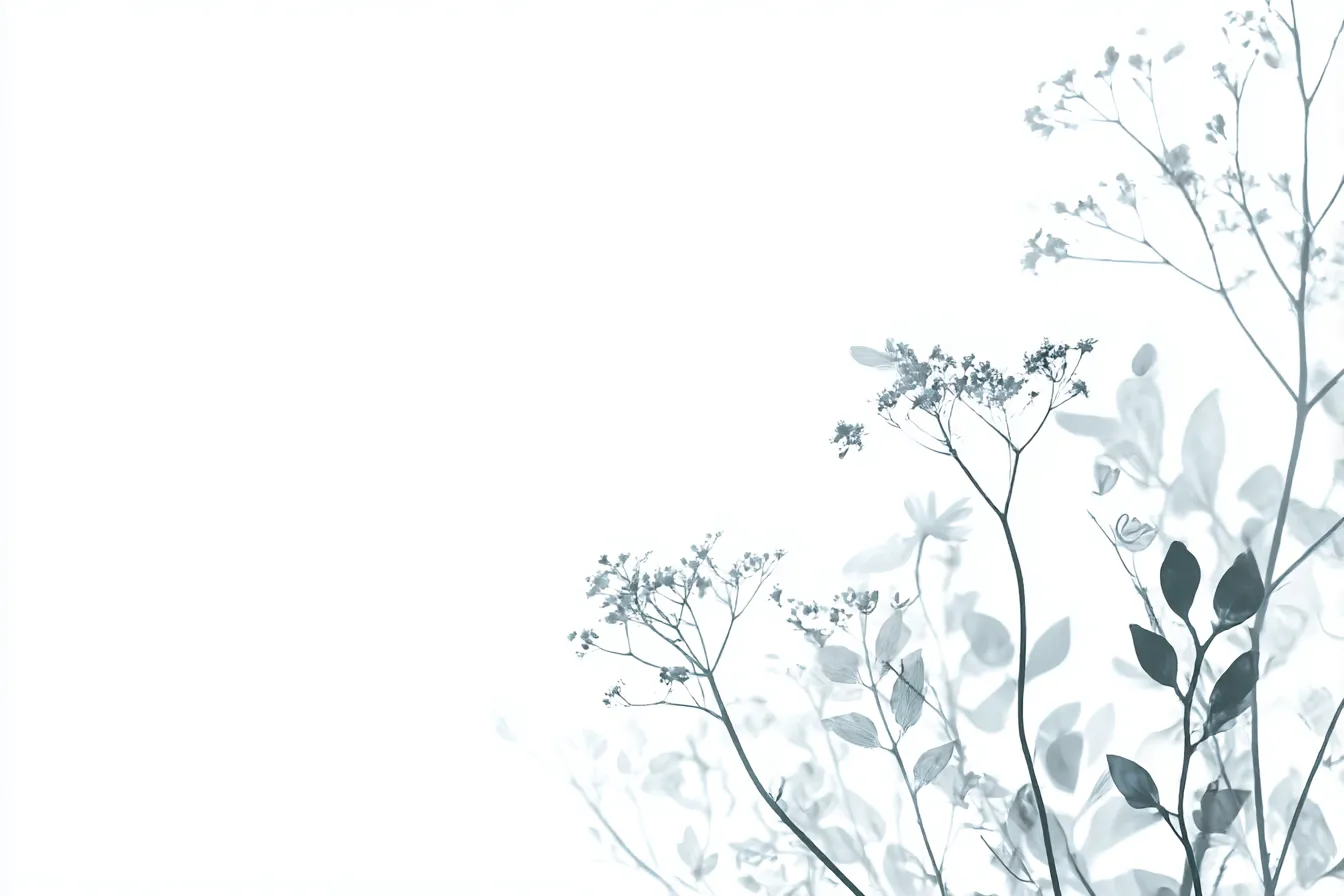 白い葉と花の背景2｜透明感のある白色を基調にしたデザインで、静かな美しさが印象的。花や葉の細部が繊細に描かれ、シンプルながら深みのある空間が演出されています。「背景」として使用することで、落ち着いた空間を作り出します。