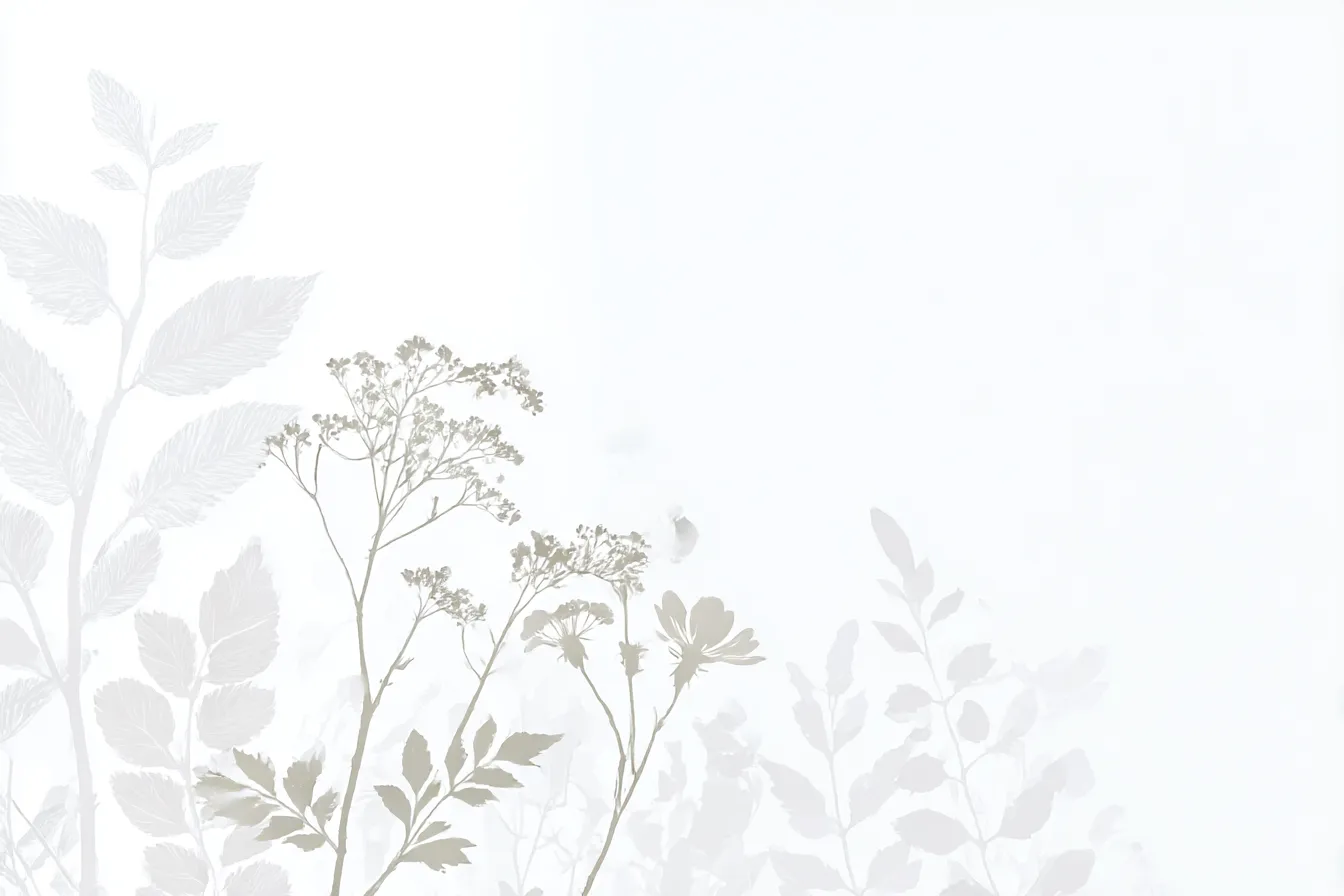 白い葉と花の背景4｜白い花が淡く映える背景デザイン。透き通るような質感と繊細な葉のディテールが特徴的で、視覚的に心地よい静けさを提供します。この「背景」は、シンプルな空間に清潔感を与え、空間全体を洗練させる効果があります。