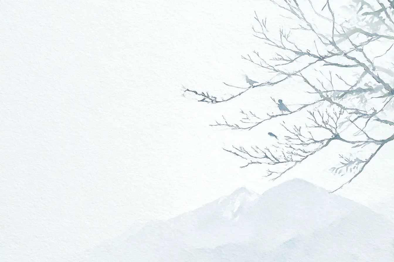 白い枝と鳥の背景1｜水彩風の優しい色合いで描かれた白い背景に、枝と鳥が静かに佇んでいるデザイン。鳥が枝に止まる様子は、穏やかで平和的な雰囲気を醸し出します。「背景」として、穏やかな自然の風景を感じさせ、リラックスした空間を作り出します。