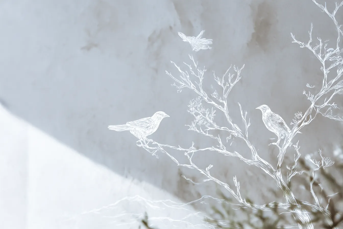 白い枝と鳥の背景2｜シンプルで洗練された白い背景に、線画で描かれた鳥と枝が繊細に表現されています。白い線が柔らかな印象を与え、「背景」としてシンプルながらも独特な美しさを引き立てます。落ち着いた空間作りに最適です。