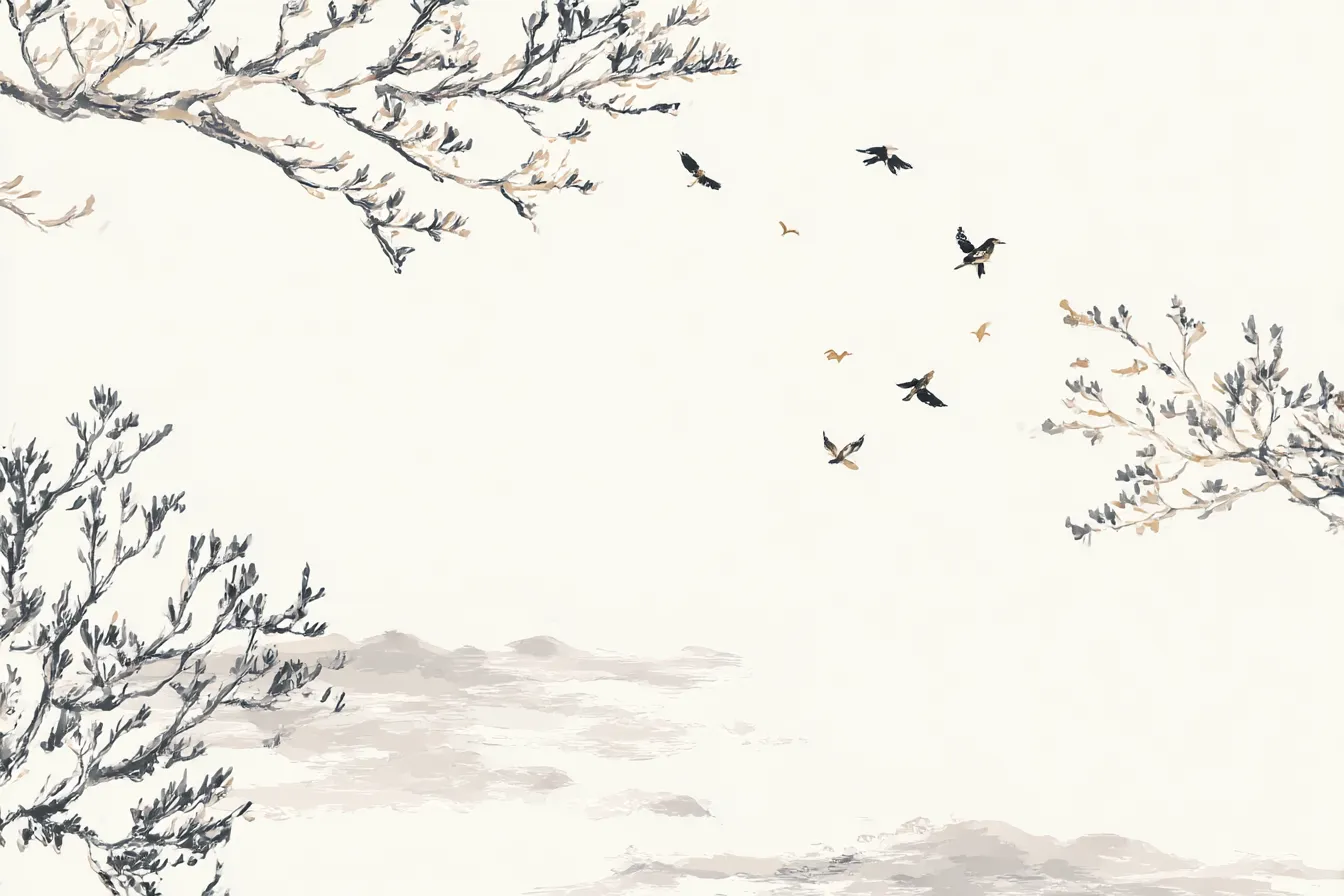 白い鳥と枝の背景3｜穏やかな色調で描かれた空間に、鳥が空を飛ぶ様子が描かれています。白と薄い色合いの「背景」が、自然の中で自由に飛び立つ鳥たちを際立たせ、広がりを感じさせます。心地よい余白が広がる空間を提供します。