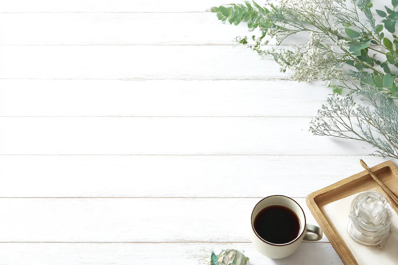 白い植物と木の背景｜木の枝と植物が「背景」として柔らかく描かれ、白い木のテクスチャーが特徴的です。ナチュラルで落ち着いた印象を与え、シンプルながらも美しい空間を演出します。デザインとしても洗練され、温かみを感じさせます。