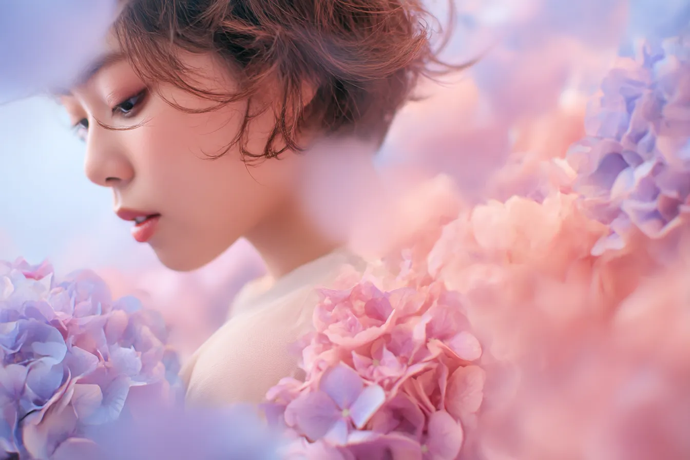 花に囲まれた女性の優雅なおしゃれ背景｜花に囲まれた女性が優雅にポーズを取るシーン。色とりどりの花々が女性の美しさを引き立て、柔らかな色合いが全体をおしゃれ背景として仕上げ、見ている人を魅了します。