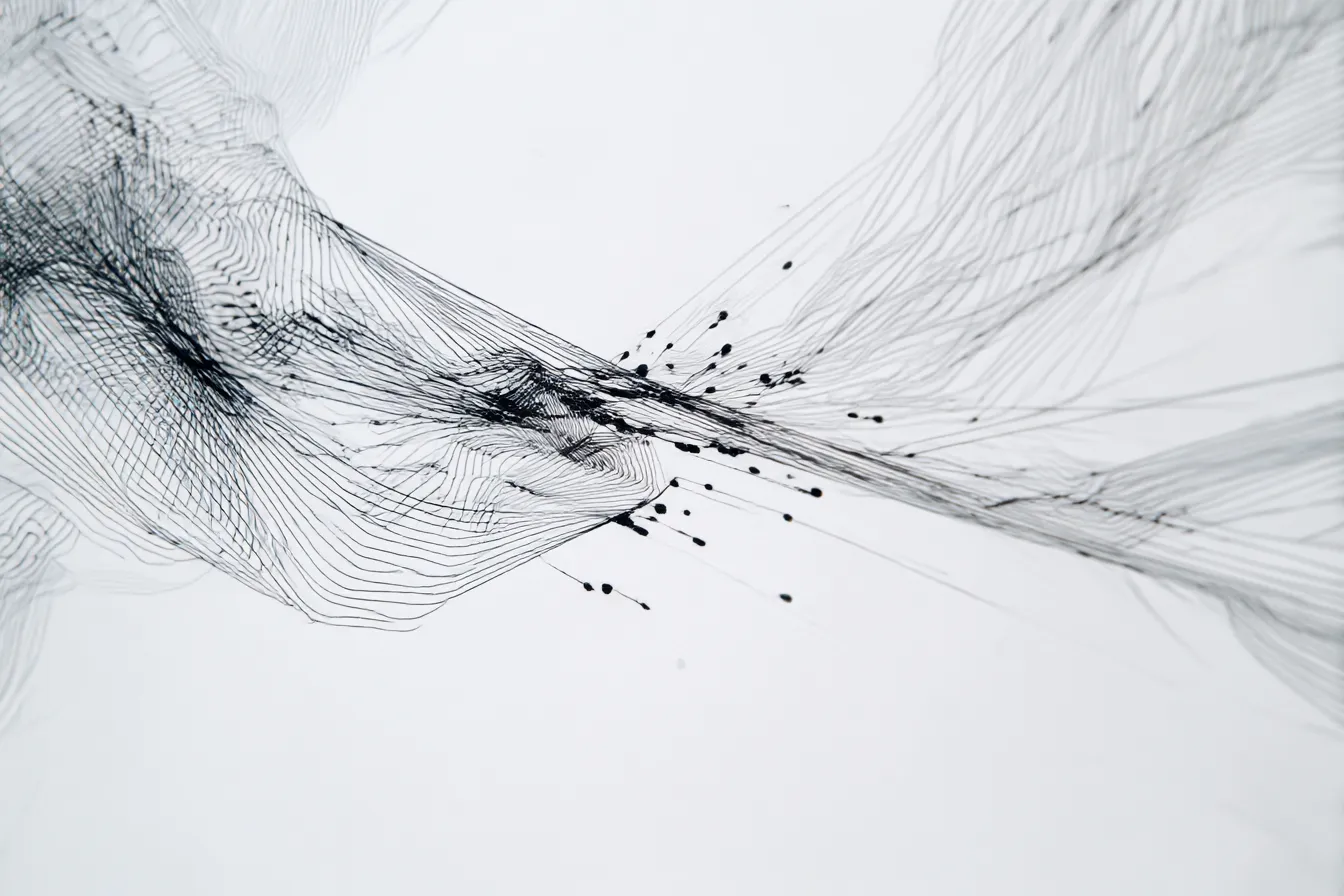 白黒の線画背景｜白黒で描かれた線画が動きのある構図を作り出し、視覚的な興味を引きます。線が生み出す流れが視覚的な深みを与え、動きと静けさが絶妙に調和しています。この「背景」はシンプルでありながらも力強い印象を与えます。